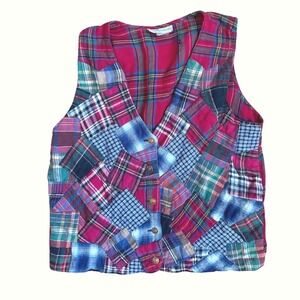 Vintage Patchwork Plaid Vest Womens Medium Red Blue Cotton Button Up Cottagecore